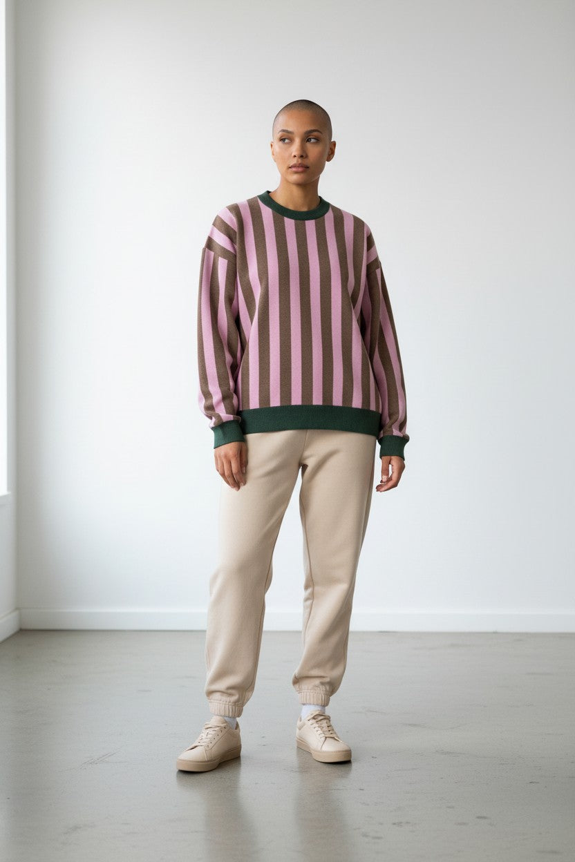 Margin Stripe Relaxed Fit Knitted Crew Neck Sweater