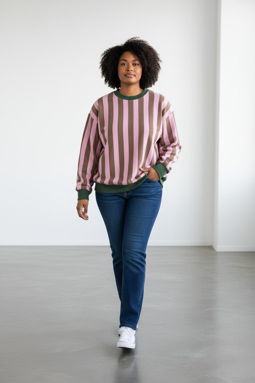 Margin Stripe Relaxed Fit Knitted Crew Neck Sweater