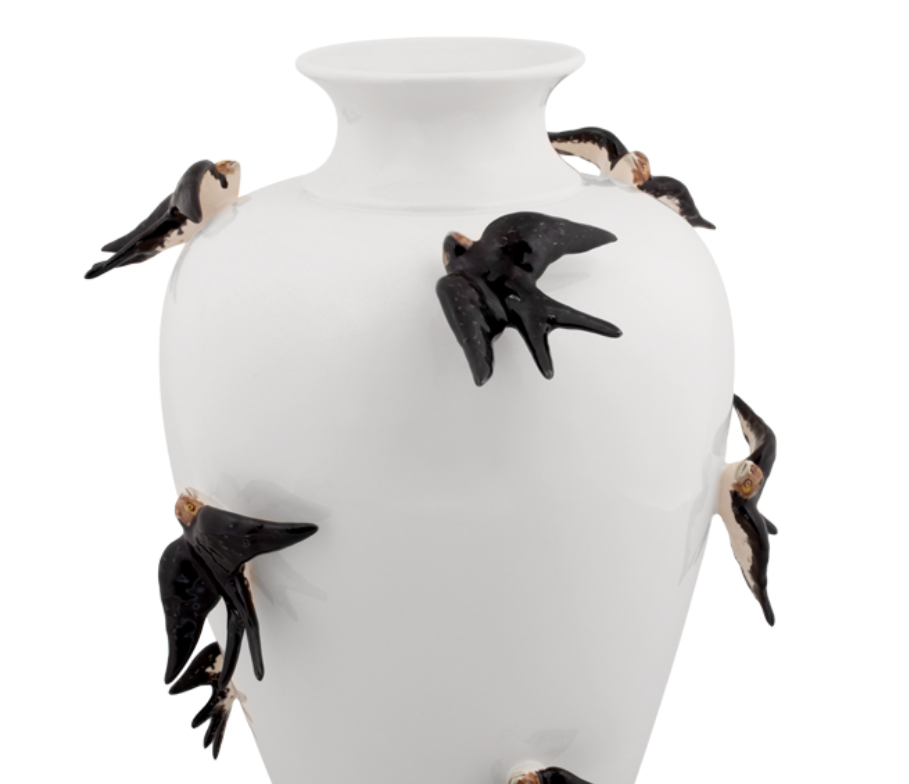 Large White Vase with handcrafted black swallows